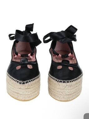 Marc Jacobs Black Leather Espadrille Platform Sandals with Pink Lining